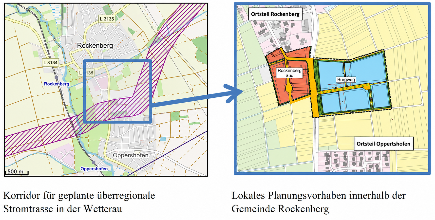 Zwei Karten: Korridor für geplante Stromtrasse (links) und vergrößerte lokale Bauplanung in Rockenberg (rechts).